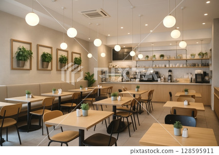 Modern and Inviting Cafe Interior Featuring Soft Lighting and Elegant Plant Decor with Minimalist Design Elements Creating a Cozy Dining Atmosphere 128595911