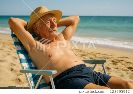 Elderly Man Relaxing by the Seashore, Enjoying Sunshine and Serenity While Lounging in a Chair at the Beach with Gentle Ocean Waves in the Background 128595912