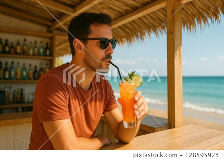 Young Caucasian man enjoying refreshing tropical cocktail at beach bar overlooking the ocean during sunny day. Concept of relaxation, vacation, and leisure in paradise 128595923