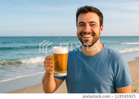 Young Caucasian man smiling and holding beer glass on sandy beach during sunny day with ocean waves in background. Concept of relaxation, summer fun, enjoyment with friends 128595925