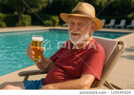 Senior Caucasian man enjoying a cold beer while relaxing by the poolside on a sunny day. Concept of leisure time, summer relaxation, and joyful retirement moments 128595926