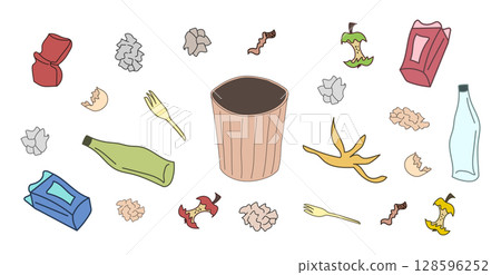 Set of Garbage Bin with Various Waste trash Items. Crumpled Paper, Banana Peel, Apple Cores, Broken Bottles. Concept of Recycling, Waste Management, Environmental Awareness, Cleanup. White Background 128596252