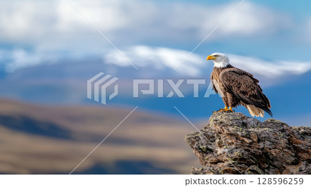 Majestic bald eagle bird perched on rocky cliff against mountain backdrop. Concept of wildlife, freedom, natural beauty, avian grace in wilderness setting. Copy space 128596259