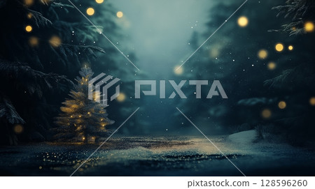 Enchanted Winter Forest With Softly Glowing Tree and Falling Snow at Dusk 128596260