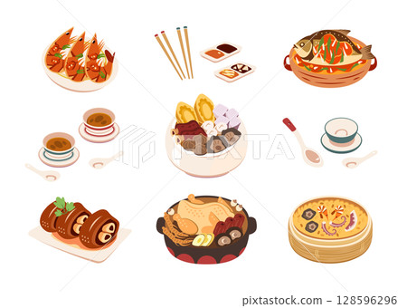 Traditional Chinese New Year's Festival. Yuzi, fish soup, Buddha's jumping bowl, steamed rice bowl, rice cake, and rice soup. 128596296