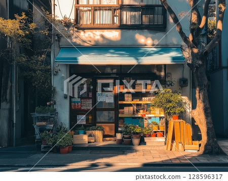 Charming Bookstore With Colorful Displays and Sunlight in a Quiet Urban Street During Late Afternoon 128596317