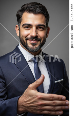 Middle Eastern Male Intentional Abundance Middle Eastern man, 40s, conscious prosperity attire, generous flow symbolic gesture, abundant expression, transparent. 128596366