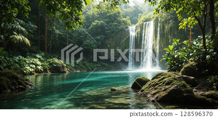 Waterfall Nature Forest Cascading waterfall into turquoise pool surrounded by lush green forest trees and rocks in sunlight 128596370