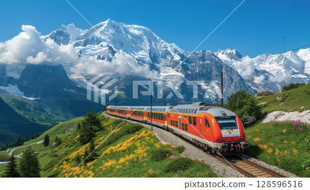Train travelling through mountainous landscape with trees and clear skies 128596516