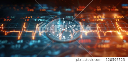 A clock on electric blue glass, displaying a heartbeat graph in a circle pattern 128596523