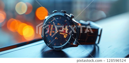 An electric blue watch sits on a table under automotive lighting 128596524