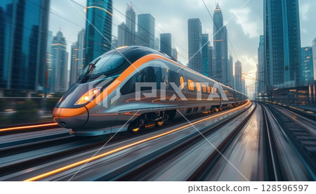 Bullet train speeding down city railway tracks past skyscrapers Bullet train speeding down city railway tracks past skyscrapers 128596597