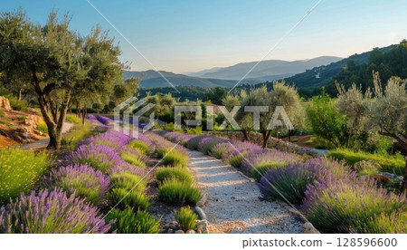 A trail winding through a lavender field with mountains in the background 128596600