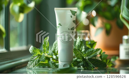 A toothpaste tube sits by a houseplant in a flowerpot on a table 128596626
