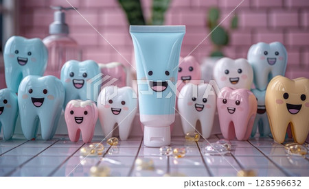 A pink tube of toothpaste with a fun font is surrounded by smiling teeth 128596632