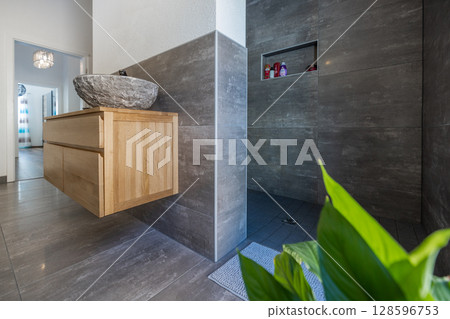Modern bathroom with stylish design, perfect for real estate and interior photography 128596753