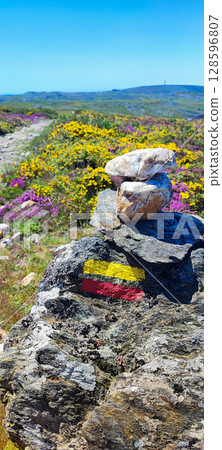 Hiking trail marker on a hill in northern Portugal. Wildflowers with wind turbines - ecotourism, renewable energy and nature adventure trail in Portugal Hiking trail marker on a hill in northern Portugal. Wildflowers with wind turbines - ecotourism, renewable energy and nature adventure trail in Portugal 128596807