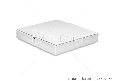 Vector 3d Realistic Pizza Box Mockup. Realistic White Pizza Box Template. Blank Pizza Box Packaging for Branding, Front View. Cardboard Pizza Box Illustration for Delivery, Food Container 128597062