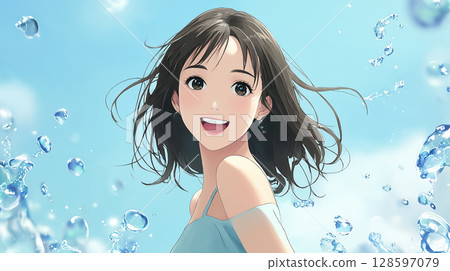 Anime style splashing water and smiling woman Anime style splashing water and smiling woman 128597079