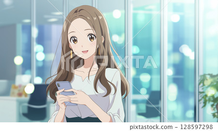 動漫風格：一個女孩一邊微笑一邊使用智慧型手機 128597298