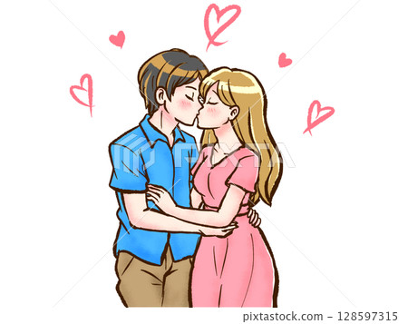 一對情侶擁抱和親吻的插畫素材 128597315