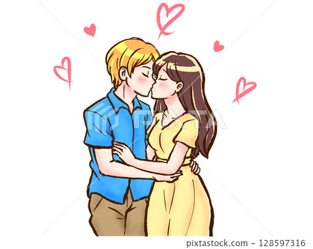 一對情侶擁抱親吻的插畫素材2 128597316