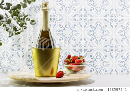 Summer holiday still life with bottle of champagne and fresh strawberries in a glass bowl on wooden podium opposite tile wall. Dating or love concept. Womans day, birthday or valentines day 128597341