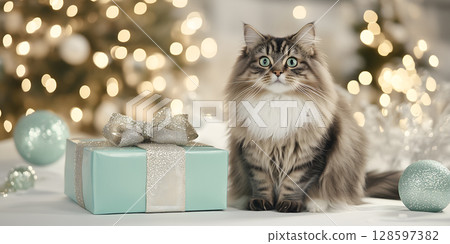 Gorgeous fluffy cat with bright eyes sits next to wrapped gift with bow on festive background with blurred lights of garland 128597382
