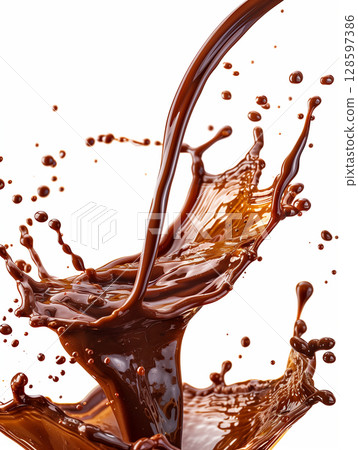 Close-up dynamic splash of liquid chocolate contrasts beautifully with the clean white background Close-up dynamic splash of liquid chocolate contrasts beautifully with the clean white background 128597386