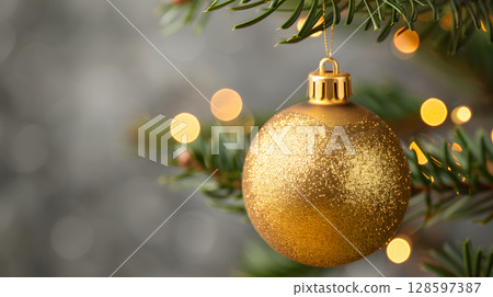 Close-up view of gold New Year tree bauble with blurred festive background Close-up view of gold New Year tree bauble with blurred festive background 128597387