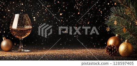 Glittering New Year banner with champagne, pine branch and ornaments in gold and black colors Glittering New Year banner with champagne, pine branch and ornaments in gold and black colors 128597405