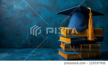 Graduation cap on the stack of blue and golden yellow books isolated in blue background with copyspace 128597406