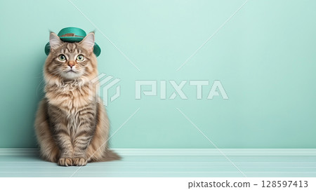 Cute fluffy cat in green hat on mint background with ample space for text. Banner for pet, travel, summer, St. Patrick's Day themes 128597413