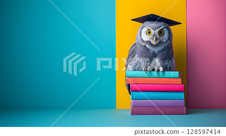 Funny owl in a graduation cap sitting on a stack of bright books against a vibrant multicolored background with copy space 128597414