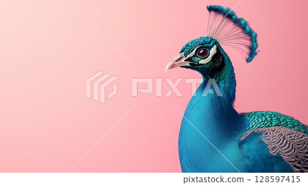 Vibrant portrait of peacock in profile against soft pink background with empty space. Eye-catching banner for advertising 128597415