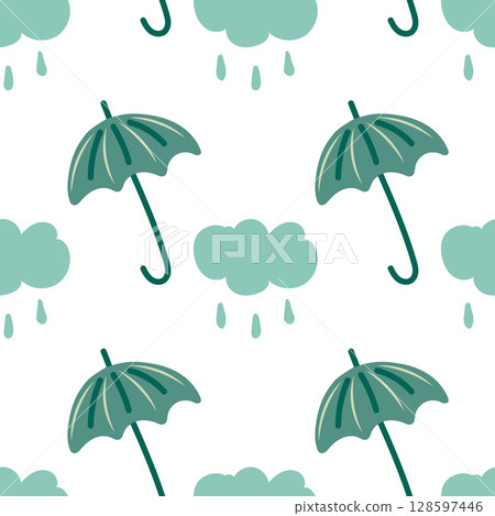 Cloud with drops of rain and umbrella. Rainy seamless pattern. 128597446