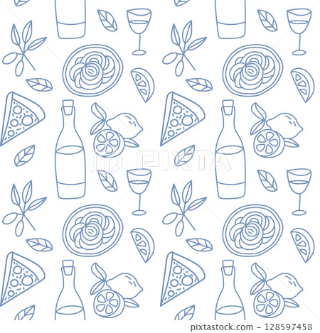 Italian food seamless pattern in blue color on white background. Cute doodle illustration with pizza, lemon, wine. Italian food seamless pattern in blue color on white background. Cute doodle illustration with pizza, lemon, wine. 128597458