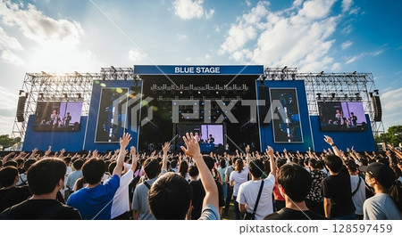 Excited audience at outdoor music festival 128597459