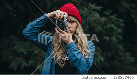 拿著照相機的婦女 拿著照相機的婦女 128597490