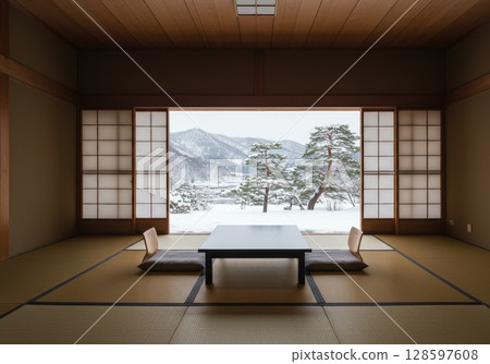 Serene traditional japanese room with an open window view of a snowy mountain landscape 128597608