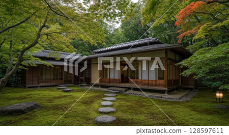 Traditional japanese house surrounded by a beautiful and serene moss garden with a stone path Traditional japanese house surrounded by a beautiful and serene moss garden with a stone path 128597611