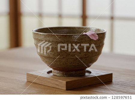 Japanese traditional chawan tea bowl with a single pink sakura petal on a wooden coaster Japanese traditional chawan tea bowl with a single pink sakura petal on a wooden coaster 128597651
