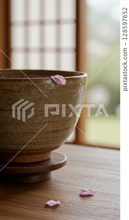 Japanese ceramic tea bowl with pink sakura petals on a wooden table in a serene setting Japanese ceramic tea bowl with pink sakura petals on a wooden table in a serene setting 128597652