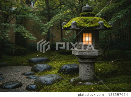 Glowing stone lantern covered with green moss stands in a beautiful and serene japanese garden 128597654