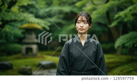Portrait of a young asian woman in traditional black clothes in a tranquil japanese garden 128597759