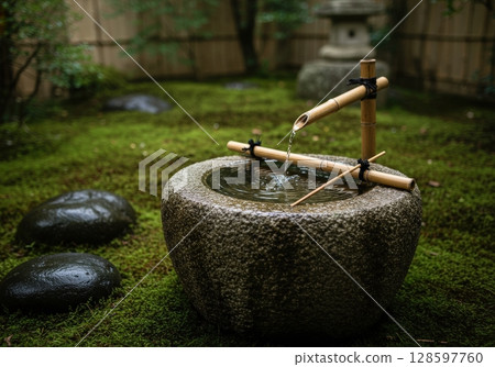 Traditional japanese tsukubai water basin for purification in a tranquil zen moss garden 128597760