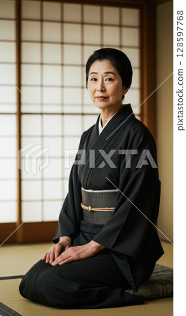 Elegant japanese woman in a black kimono kneeling in seiza pose in a traditional room 128597768