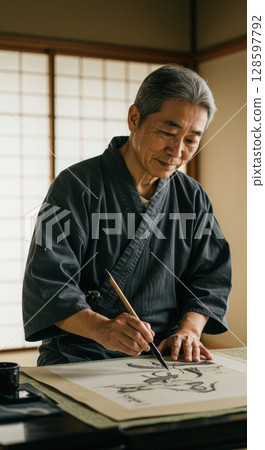 Focused senior japanese man in traditional clothes practicing calligraphy art in his calm room 128597792