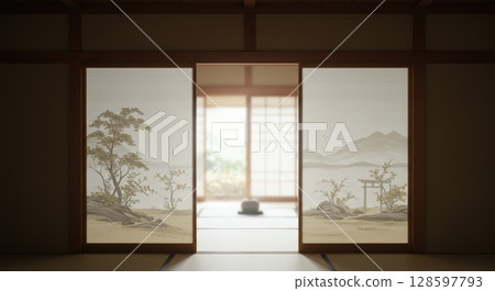 Traditional japanese interior with painted fusuma sliding doors showing a calm tatami room 128597793