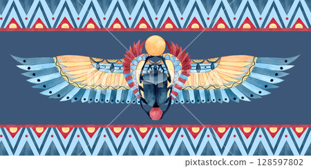 Scarab beetle with wings banner. Egyptian ancient ornament. Geometric patterns, watercolor illustration isolated on blue background. Religion icon for souvenirs merchandise, postcards, packaging 128597802